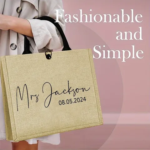 Minimalist Linen Tote Bag Vintage Burlap Handbag Letter Print Top-Handle Shopping Beach Bag For Women Wedding Gift