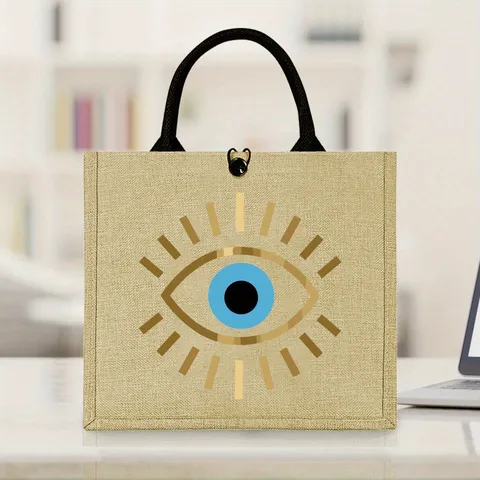 Western Retro Linen Jute Tote Bag Large Capacity Geometric Evil Eye Printed Handbag Casual Woven Picnic Shoulder Bag For Women