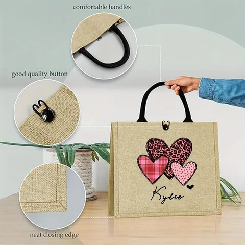 Personalized Heart Print Jute Burlap Tote Bag Western Vintage Linen Handbag With Button For Women Valentine Gift Daily Use
