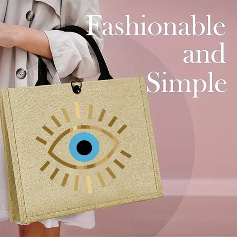 Western Retro Linen Jute Tote Bag Large Capacity Geometric Evil Eye Printed Handbag Casual Woven Picnic Shoulder Bag For Women