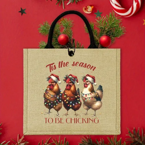 Vintage Jute Burlap Christmas Chicken Printed Tote Bag Large Capacity Durable Handbag For Women Holiday Party Shopping Travel