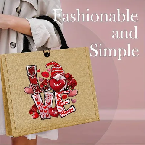 Valentine Day Jute Tote Bag Retro Gnome Heart Printed Linen Top Handle Handbag Large Capacity Casual Daily Shopping Purse For Women