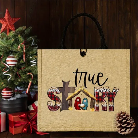 Christmas Nativity Scene Jute Tote Bag Vintage Linen Handbag For Women Travel Shopping Outdoor Burlap Tote Bag