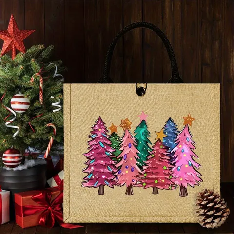 Christmas Tree Printed Linen Tote Bag Large Capacity Reusable Burlap Handbag With Handles For Shopping Travel Picnic Holiday Party