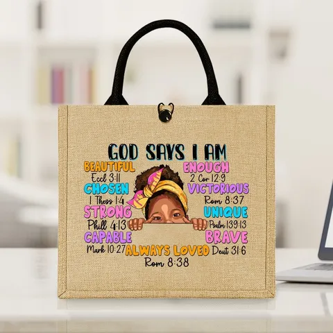Inspirational Black Girl Jute Burlap Tote Bag Retro Linen Woven Shopping Handbag Religious Bible Verse Christian Gift For Travel Women