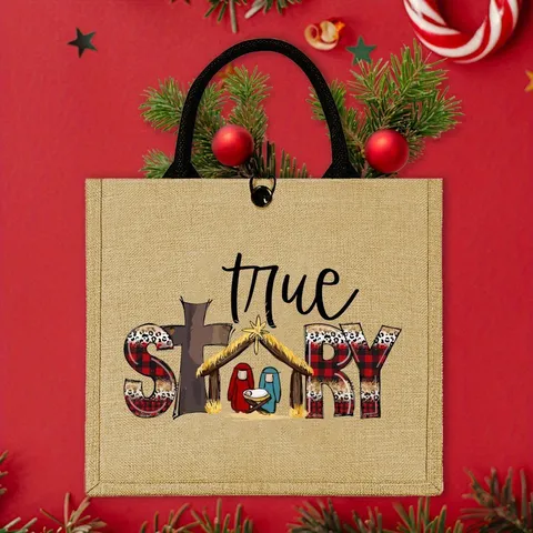 Christmas Nativity Scene Jute Tote Bag Vintage Linen Handbag For Women Travel Shopping Outdoor Burlap Tote Bag