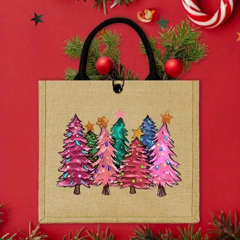 Christmas Tree Printed Linen Tote Bag Large Capacity Reusable Burlap Handbag With Handles For Shopping Travel Picnic Holiday Party