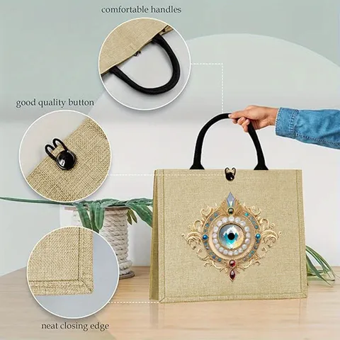 Mysterious Evil Eye Jute Handbag Western Retro Woven Pattern Large Capacity Top Handle Purse Gift For Mystery Lovers Everyday Casual Tote Bag