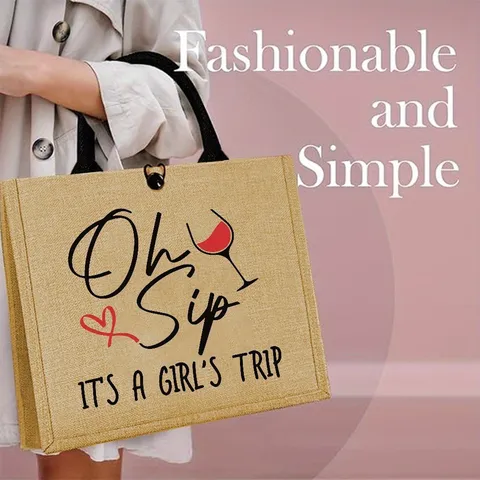Sac Cabas en Jute pour Femmes Imprimé Lettres Verre à Vin Cœur Sac à Main Rétro Occidental Voyage Sac à Main pour Cadeau Amie