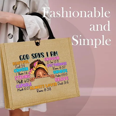 Inspirational Black Girl Jute Burlap Tote Bag Retro Linen Woven Shopping Handbag Religious Bible Verse Christian Gift For Travel Women