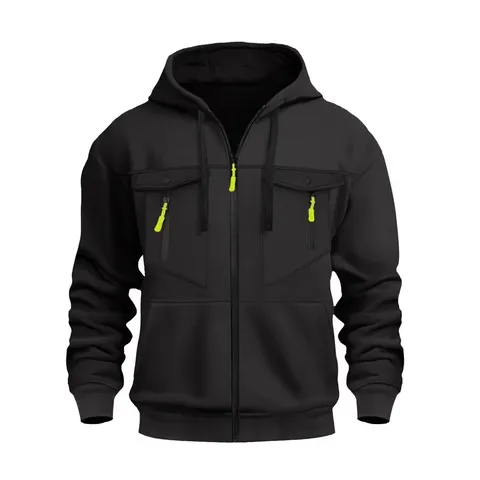 Men Zip Up Hoodie Fleece Lined Hooded Sweatshirt Loose Workwear Jacket Multi Pocket Long Sleeve Casual Solid Color Winter Top