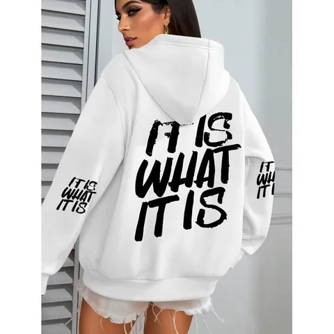 Women's Letter Graphic Print Hooded Hoodie Loose Casual Long Sleeve Polyester Pullover Sweatshirt For Winter