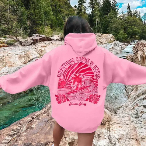 Women Oversized Hoodie Drop Shoulder Sunset Palm Tree Print Pullover Sweatshirt Casual Loose Hooded Top Everything Comes In Waves Graphic