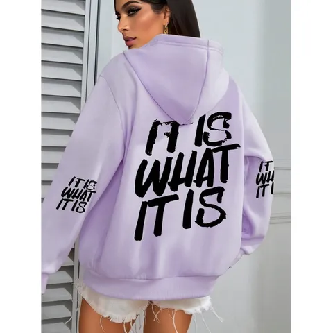 Women's Letter Graphic Print Hooded Hoodie Loose Casual Long Sleeve Polyester Pullover Sweatshirt For Winter