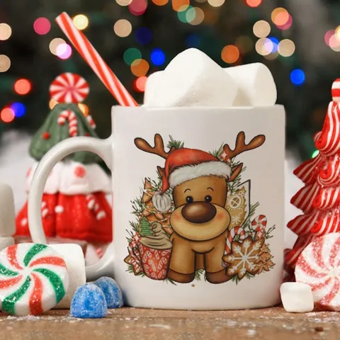 Cute Christmas Reindeer Bone China Mug Festive Cartoon Ceramic Coffee Cup Heat Resistant Cylindrical Single Layer Drinkware Gift
