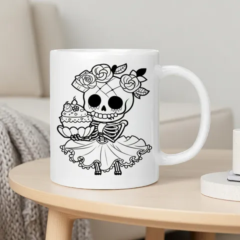 Tazza in Porcellana d Ossa Gotica Con Teschio di Zucchero Catrina Tazza da Caffè Arte Popolare Messicana Resistente al Calore Monostrato Con Manico Bianco Nero Tazza in Ceramica Ufficio