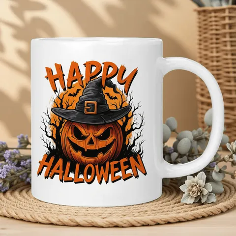 Halloween Ceramic Coffee Mug Pumpkin Witch Hat Bat Print Autumn Decorative Bone China Milk Cup Office Party Drinkware