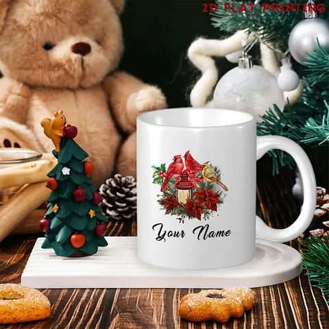 Elegant Christmas Ceramic Coffee Mug Red Cardinal And Botanical Floral Print Design Microwave Safe Holiday Office Travel Water Cup Tea Mug Home Table Decoration Gift