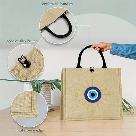 Western Retro Linen Jute Tote Bag Ethnic Evil Eye Geometric Printed Large Capacity Shopping Handbag For Women Travel Picnic