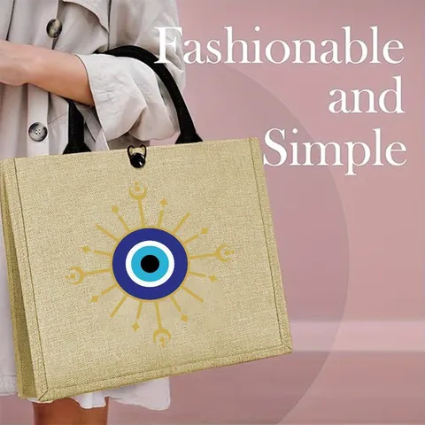 Western Retro Linen Jute Tote Bag Ethnic Evil Eye Geometric Printed Large Capacity Shopping Handbag For Women Travel Picnic