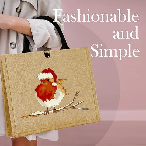 Sac à Main en Jute et Lin Imprimé Oiseau Rouge-gorge de Noël Sac de Shopping Cadeau Durable Avec Poignées pour Fête Femme