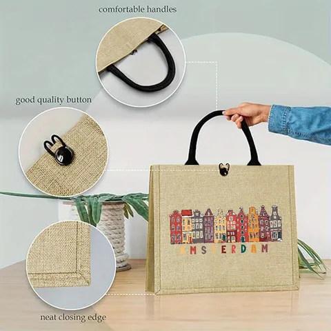 Amsterdam Print Jute Linen Tote Bag Vintage Simple Fashion Durable Burlap Travel Handbag Eco Friendly Shopping Bag For Women