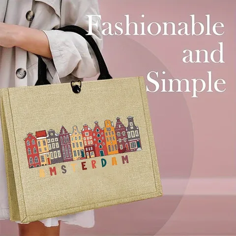 Amsterdam Print Jute Linen Tote Bag Vintage Simple Fashion Durable Burlap Travel Handbag Eco Friendly Shopping Bag For Women