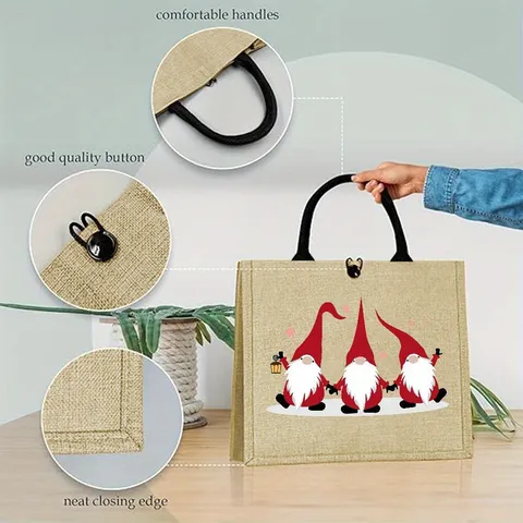 Sac Fourre-tout en Jute Imprimé Gnome de Joyeux Noël Sac à Main en Lin Rétro pour Cadeau de Fête Femme