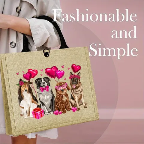 Valentine Day Linen Tote Bag Cute Cartoon Dog Print Handbag Portable Holiday Gift Travel Party Bag For Women Retro Style