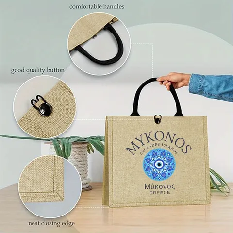 Retro Linen Evil Eye Print Handbag Mykonos Greece Themed Geometric Mandala Tote Bag Drawstring Buckle Daily Storage Bag