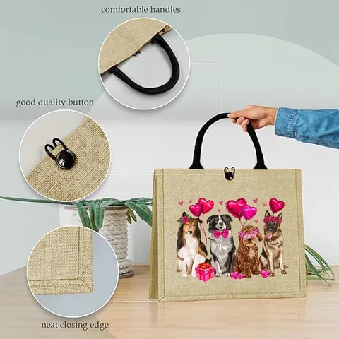 Valentine Day Linen Tote Bag Cute Cartoon Dog Print Handbag Portable Holiday Gift Travel Party Bag For Women Retro Style