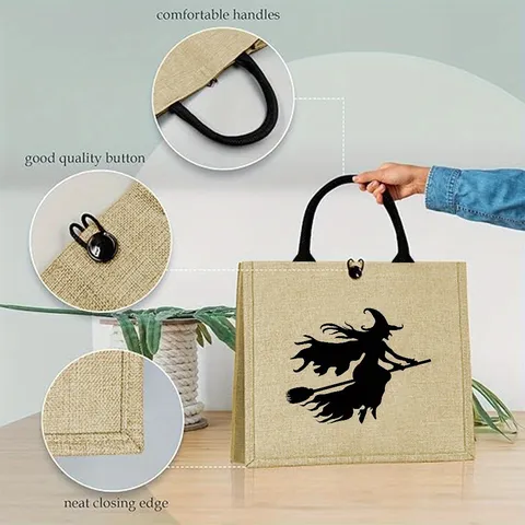 Halloween Witch Theme Jute Tote Bag Large Capacity Burlap Handbag For Women Travel Holiday Everyday Grocery Shopping Bag
