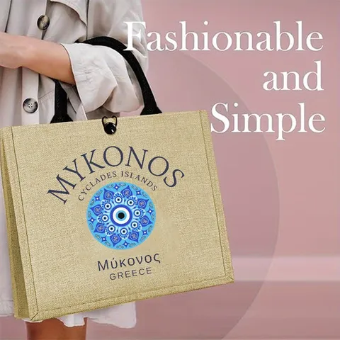 Retro Linen Evil Eye Print Handbag Mykonos Greece Themed Geometric Mandala Tote Bag Drawstring Buckle Daily Storage Bag