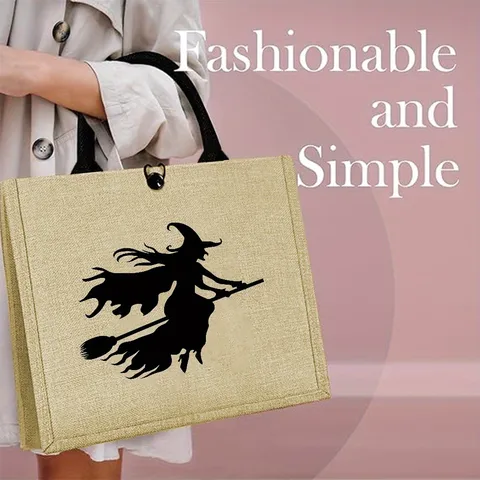 Halloween Witch Theme Jute Tote Bag Large Capacity Burlap Handbag For Women Travel Holiday Everyday Grocery Shopping Bag