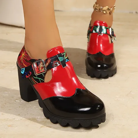 Women's Professional Chunky Heel Pumps Patent Leather Crocodile Pattern Color Block Metal Buckle High Heels Office Dress Shoes