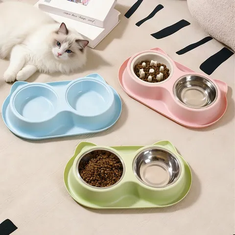 Cute Cat Ear Shaped Pet Double Bowls Stainless Steel Food Water Bowl With Anti-Choking Slow Feeder For Dogs Cats