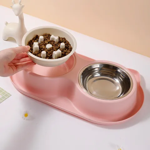 Cute Cat Ear Shaped Pet Double Bowls Stainless Steel Food Water Bowl With Anti-Choking Slow Feeder For Dogs Cats