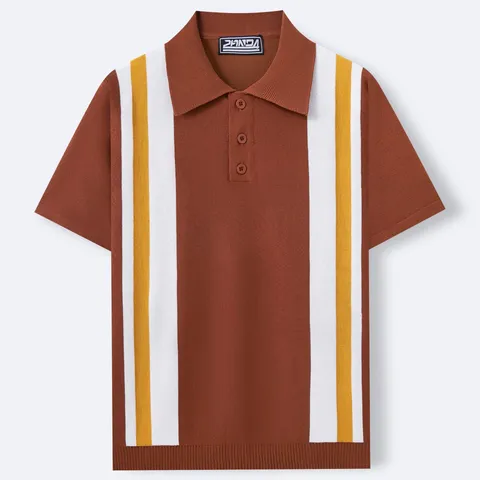 Men's Retro Striped Knitted Polo Shirt Short Sleeve Business Casual Viscose Top Vertical Color Block Polo