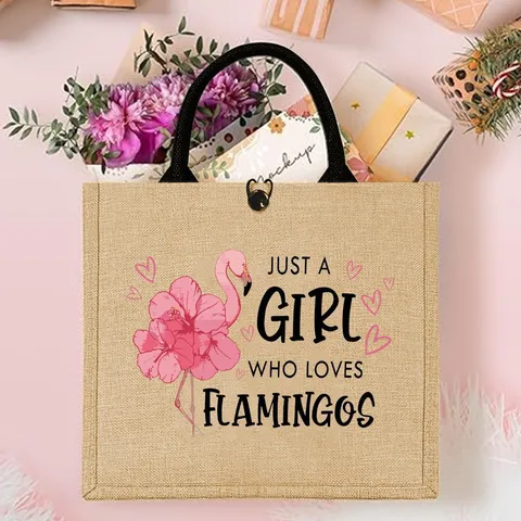 Fashion Flamingo Floral Printed Jute Tote Bag Retro Large Capacity Burlap Handbag With Black Handles For Vacation Picnic Party Women Travel Utility Grocery Shopping Top Handle Bag