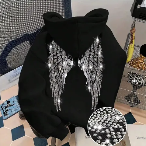 Women's Casual Long Sleeve Hooded Sweatshirt Rhinestone Wing Print Loose Pullover Streetwear Hoodie Top