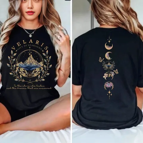 Women Casual Cotton Blend T Shirt Short Sleeve Loose Fit Graphic Tee Top With Fantasy Starry Mountain Print