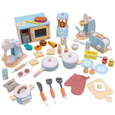 Hölzernes Simulations-Küchenspielzeug-Set Kinder Rollenspiel Mixer Brotbackautomat Kaffeemaschine Ofen Lernspielzeug Geschenk