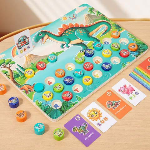 Kids Wooden Dinosaur Alphabet Matching Puzzle Board Early Education Learning Educational Word Spelling Toy Gift
