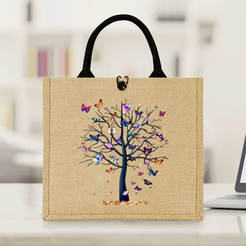 Fashion Jute Handbag Vintage Butterfly Tree Print Tote Bag Durable Burlap Shopping Bag For Women Outdoor Travel Picnic Eco Grocery Bag