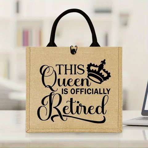 Vintage Linen Jute Tote Bag With Comfortable Handles Printed Burlap Shopping Bag For Women Picnic Travel Grocery Handbag