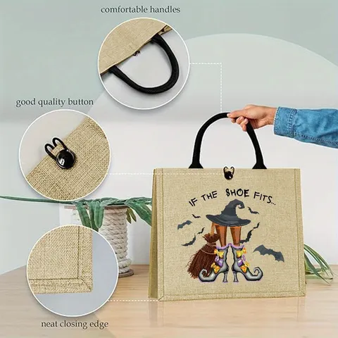 Halloween Witch Style Large Capacity Jute Tote Bag Durable Khaki Burlap Handbag With Black Handles For Daily Picnic Commute