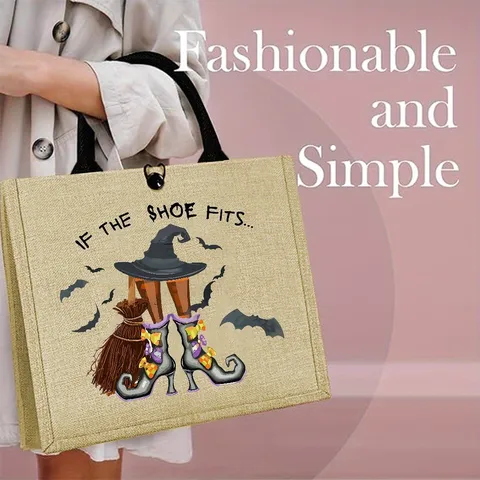 Halloween Witch Style Large Capacity Jute Tote Bag Durable Khaki Burlap Handbag With Black Handles For Daily Picnic Commute