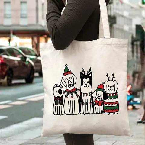 Bolso Tote de Lona de Navidad Perro de Dibujos Animados Jengibre Estampado Bolso de Mano Retro Occidental Festivo Grande Hombro Regalo