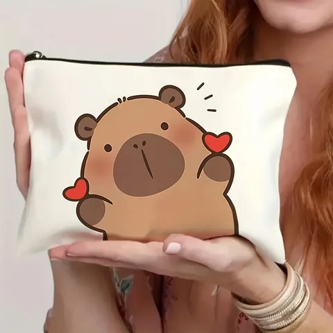 Cute Capybara Cartoon Printed Polyester Makeup Bag Large Capacity Pencil Case Travel Toiletry Pouch For Women Students