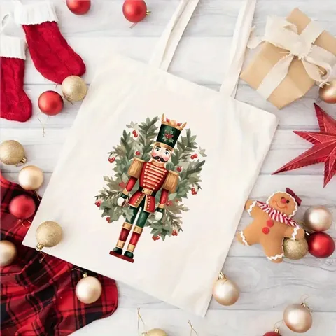 Christmas Canvas Tote Bag Cartoon Santa Claus Nutcracker Printed Shoulder Handbag Large Capacity Holiday Gift Bag Eco Friendly Shopping Bag